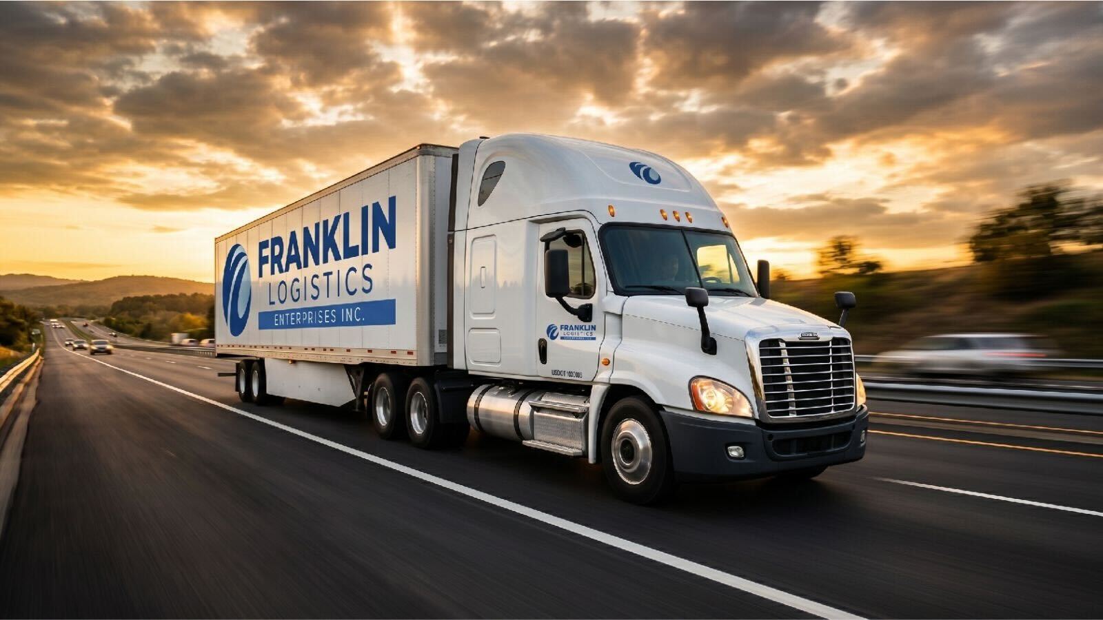 Franklin Logistics semi-truck on the highway at sunset