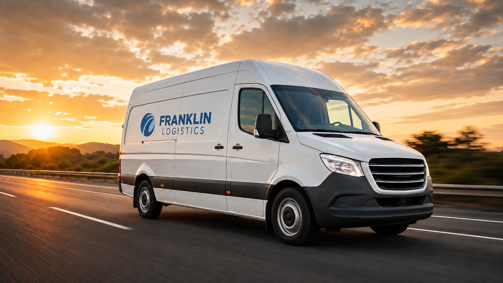 Franklin Logistics delivery van on the highway at sunset